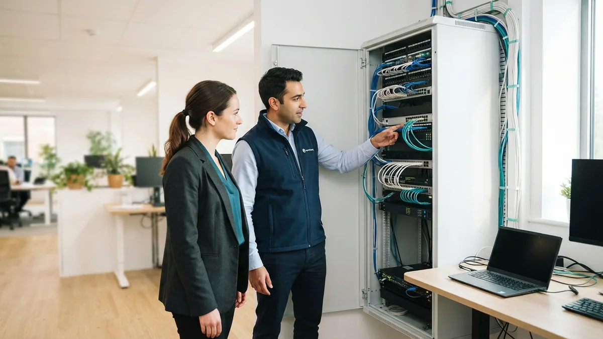 Technology consulting in a working office Technology consultant and operations lead checking office computer systems