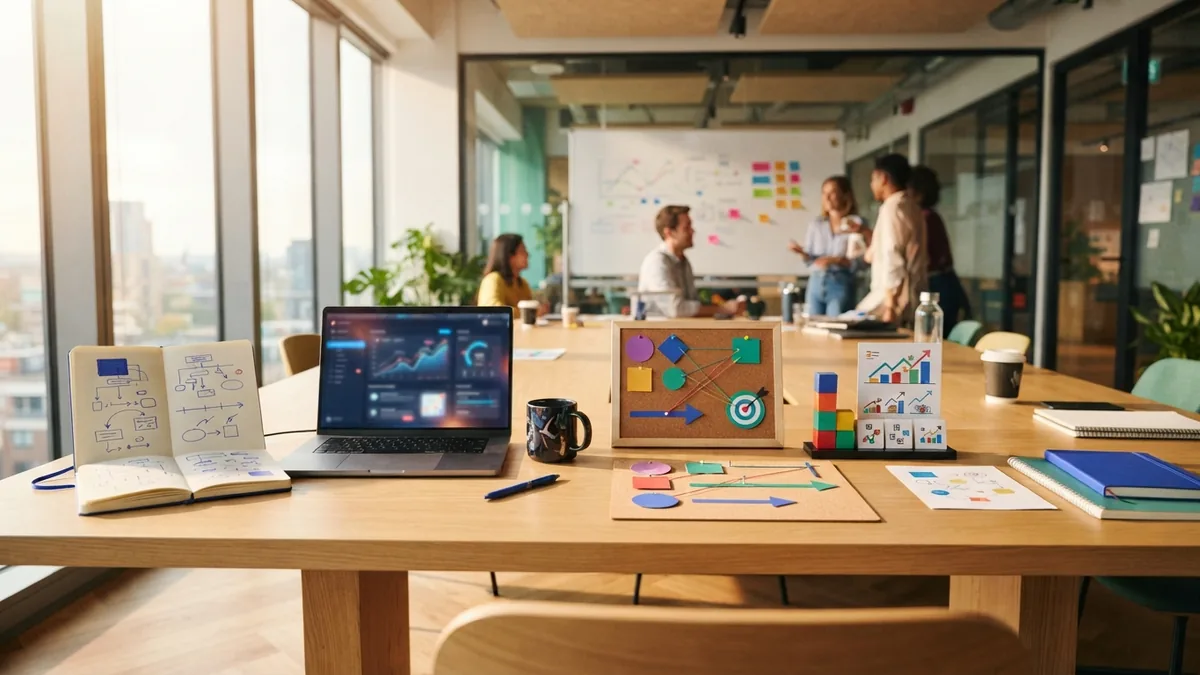 Workspace arranged for planning a digital marketing campaign strategy