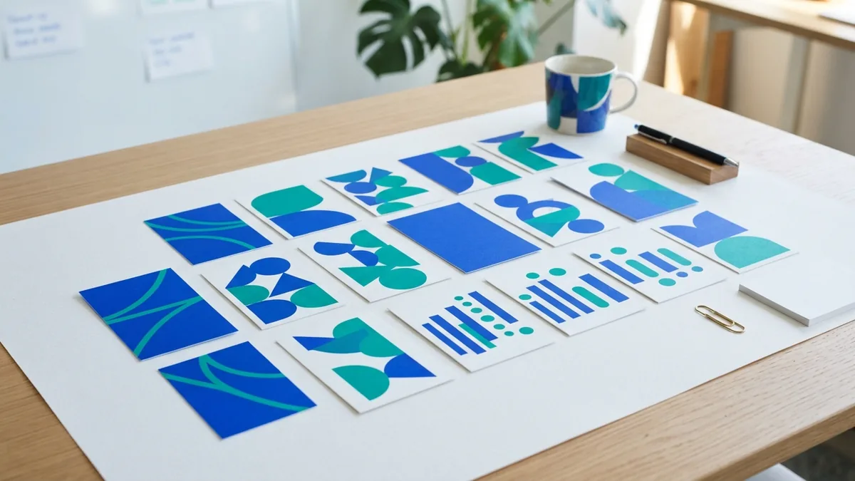 Core graphic design principles Abstract design cards showing balance, contrast, alignment, and repeated visual shapes