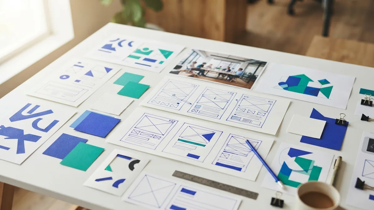 Color samples and layout sketches illustrating core elements of graphic design