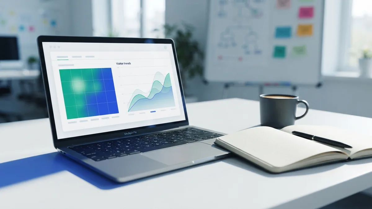 Using analytics to find page barriers Analytics dashboard with a page heat map and visitor trend chart