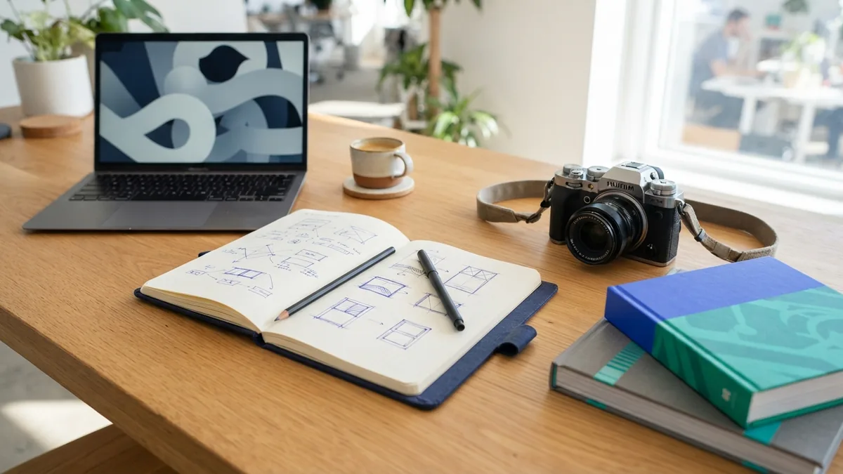 Content planning desk with laptop camera and research books