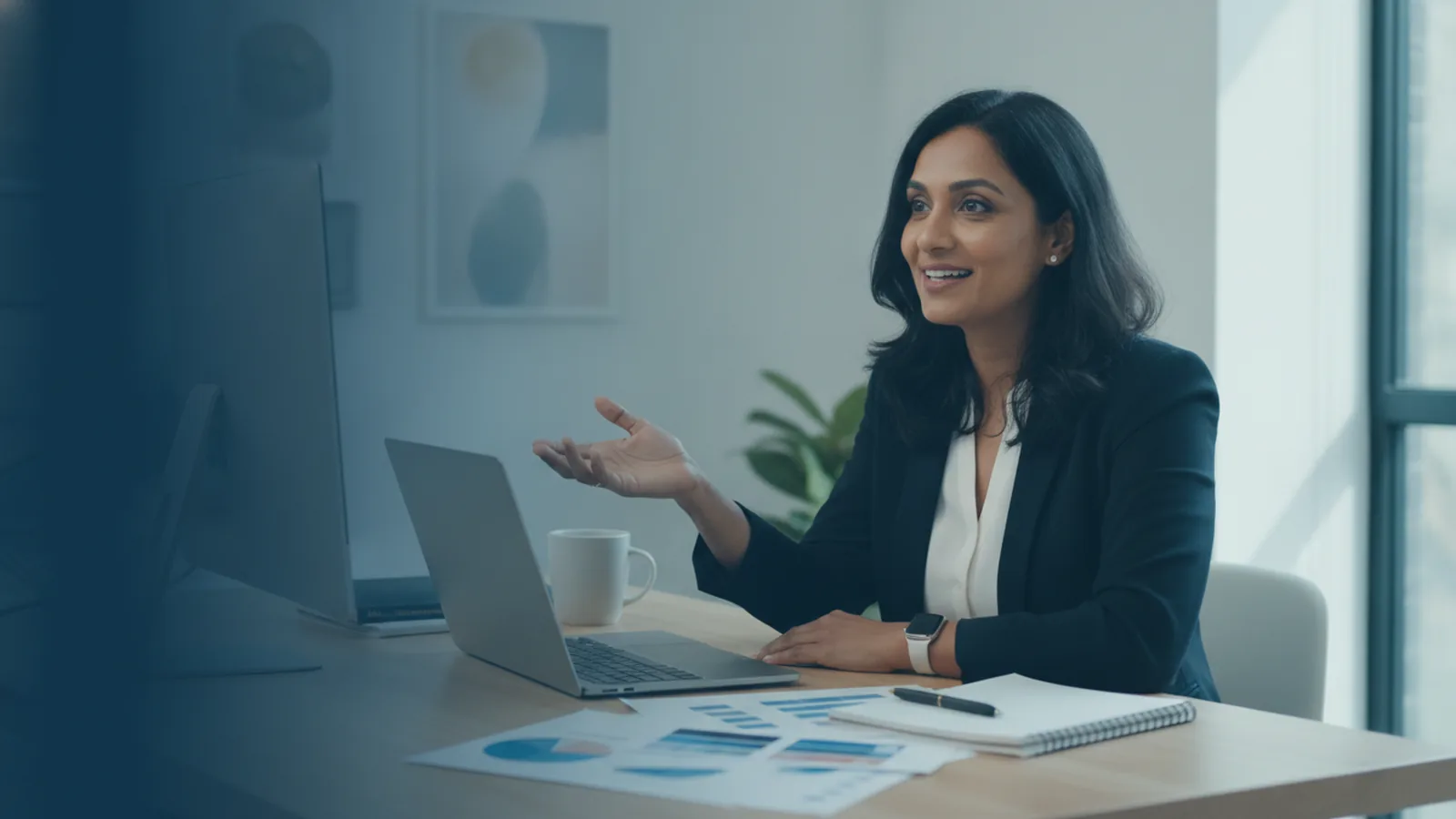 A practising marketer at a bright desk, mid-explanation, gesturing over a laptop and a printed campaign plan