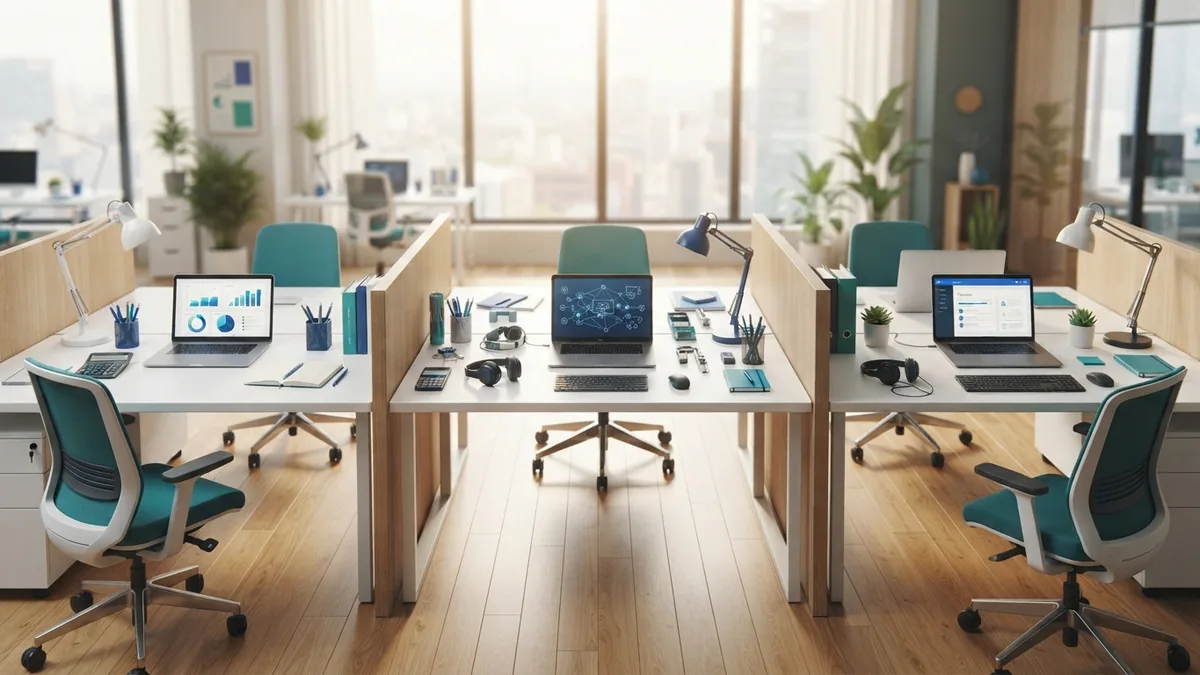 Examples of outsourced business services Organized office work areas representing common outsourced business services