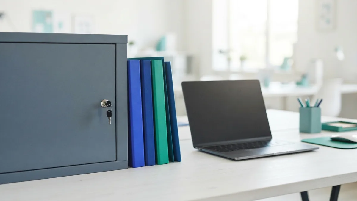 Keeping business data safe Secure office storage and closed laptop representing outsourced data risks