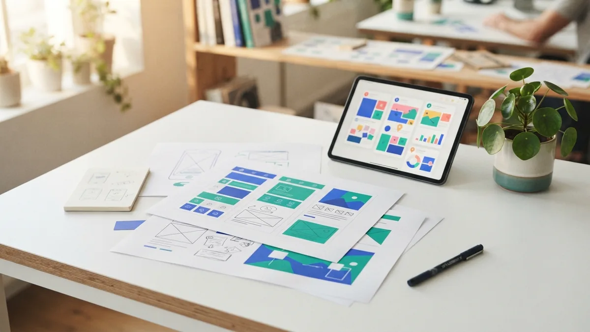 Planning useful pages and images Page layouts and a tablet arranged for on-page content and image planning