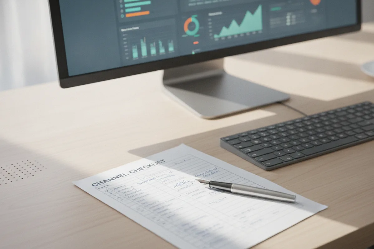 Desk with an analytics screen, printed checklist and handwritten notes