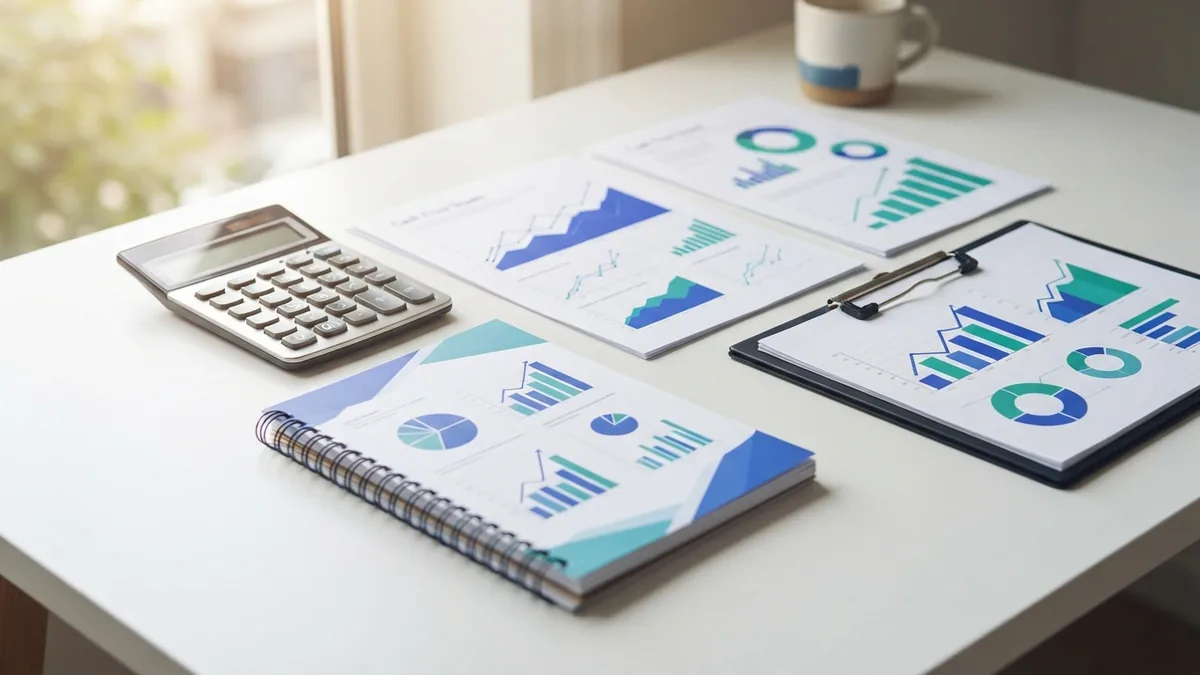 Business plan and cash flow setup Business plan desk with cash flow sheets, financial charts, and a calculator