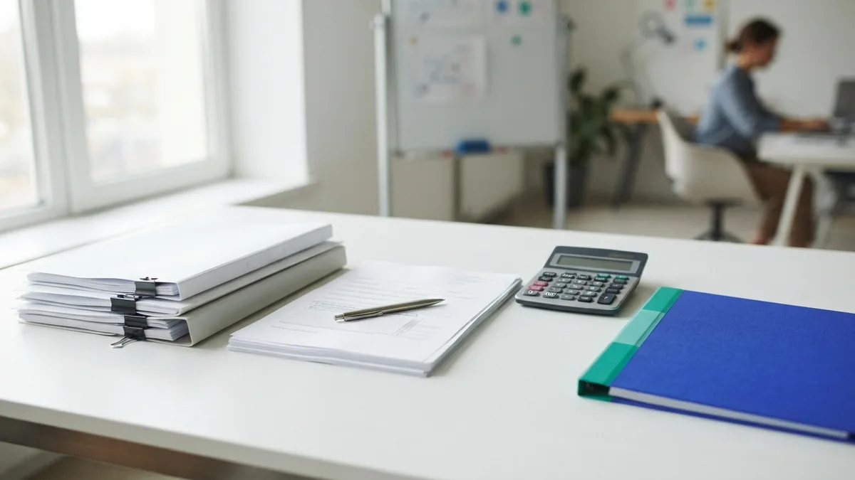Business registration desk with official forms, folders, calculator, and account records
