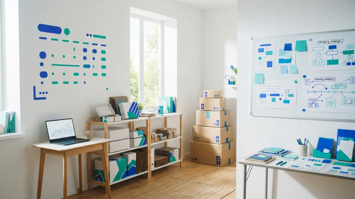 Business operations and growth planning Small business operations workspace with stock shelves, delivery boxes, and planning tools