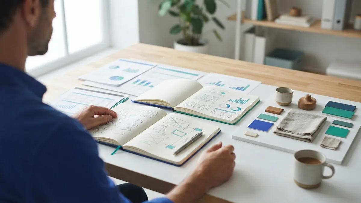 Planning the first steps Small business owner reviewing costs and product samples while planning