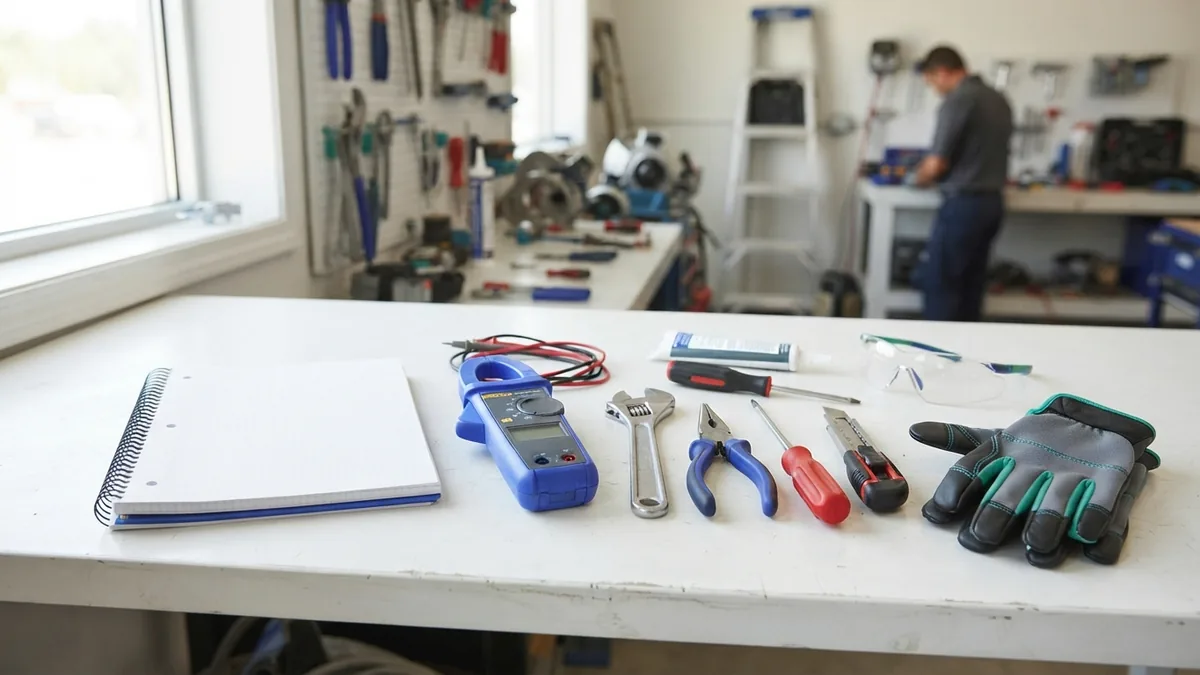 HVAC tools and safety gear arranged beside a business budget notebook