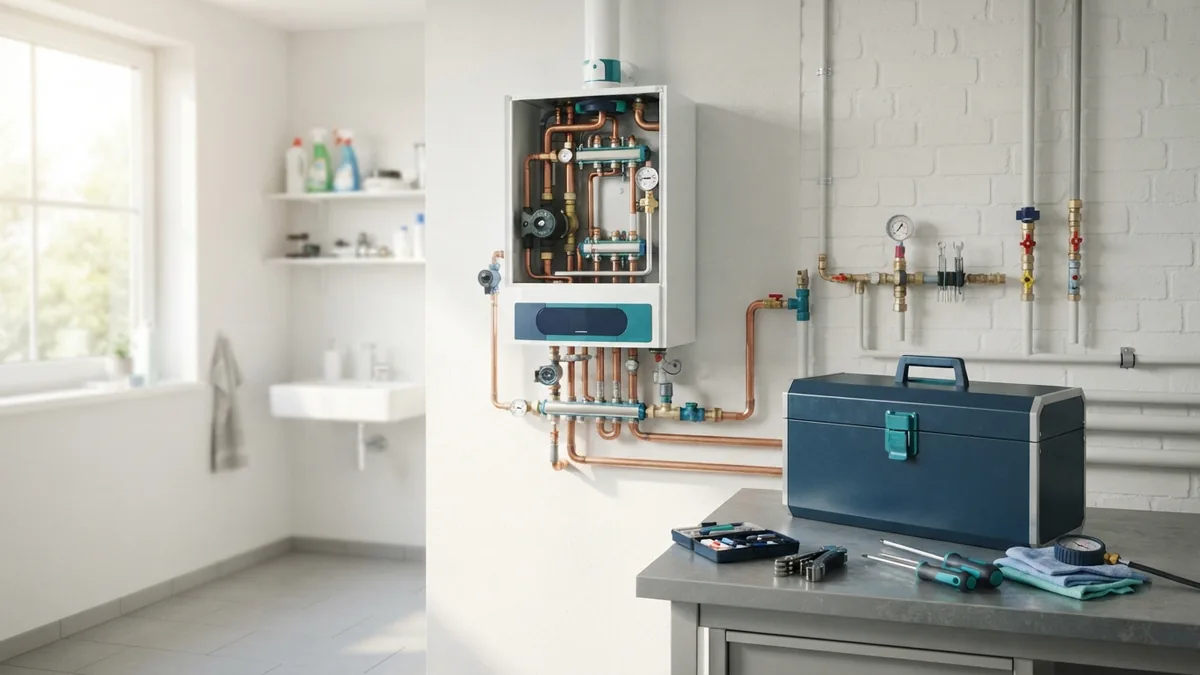 Professional HVAC service setting Clean home heating system with HVAC service tools nearby