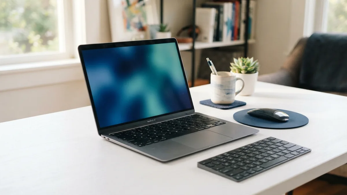 Laptop and accessories arranged for managing startup apps