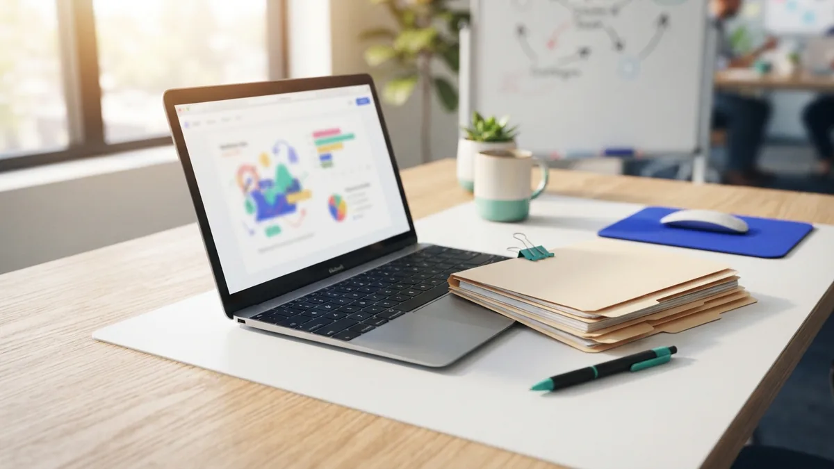 Organized workspace for startup shortcuts Laptop and neatly arranged folders representing startup shortcuts and app organization