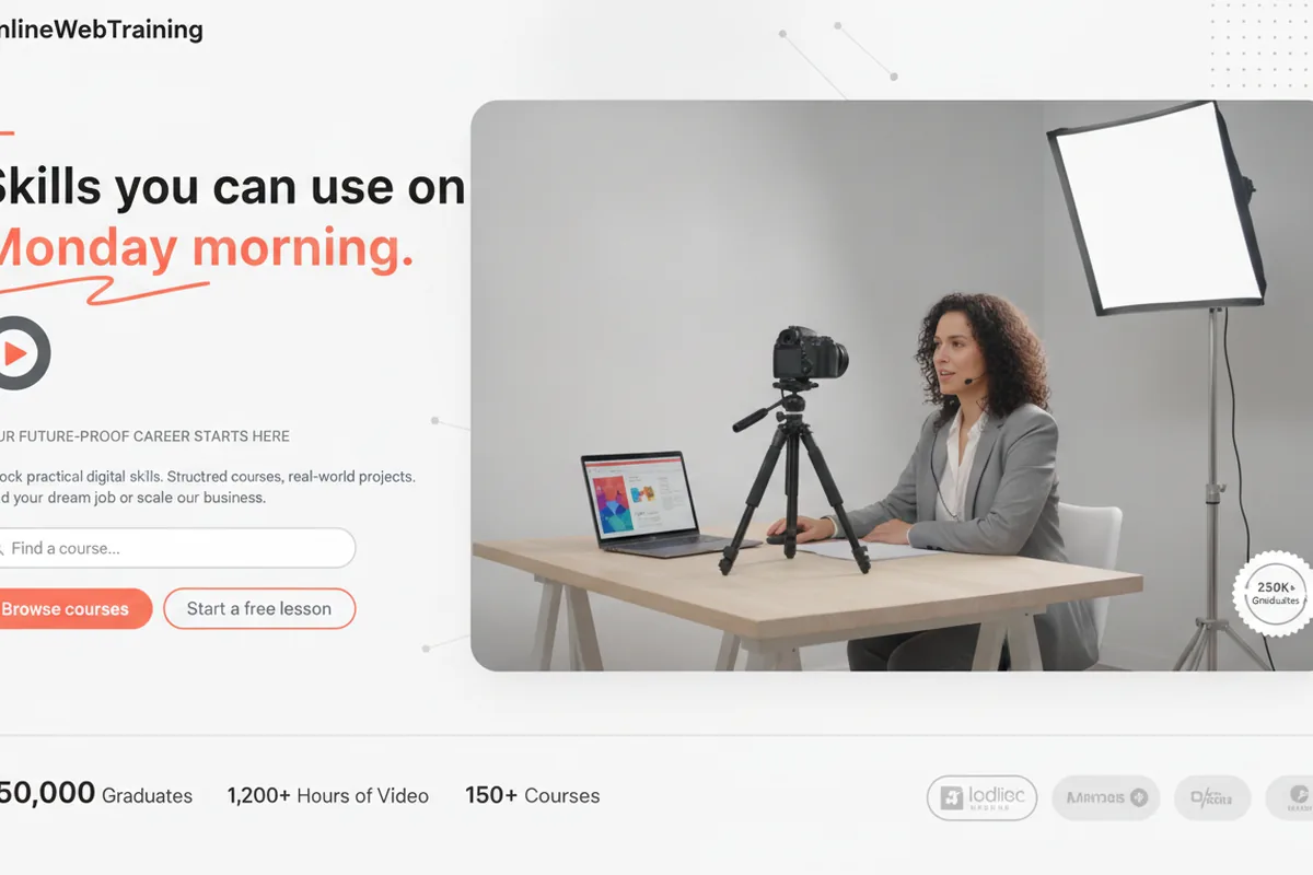 An instructor recording a video lesson at a desk with camera and lighting