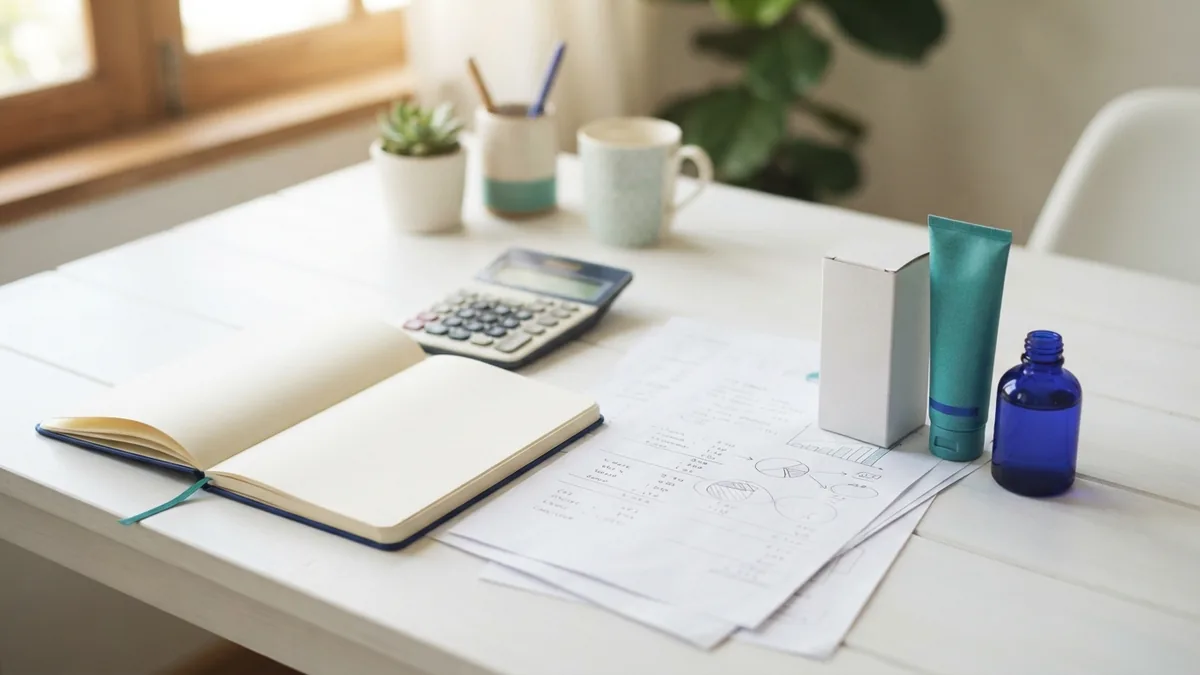 Notebook and cost sheets set out for testing a small business idea