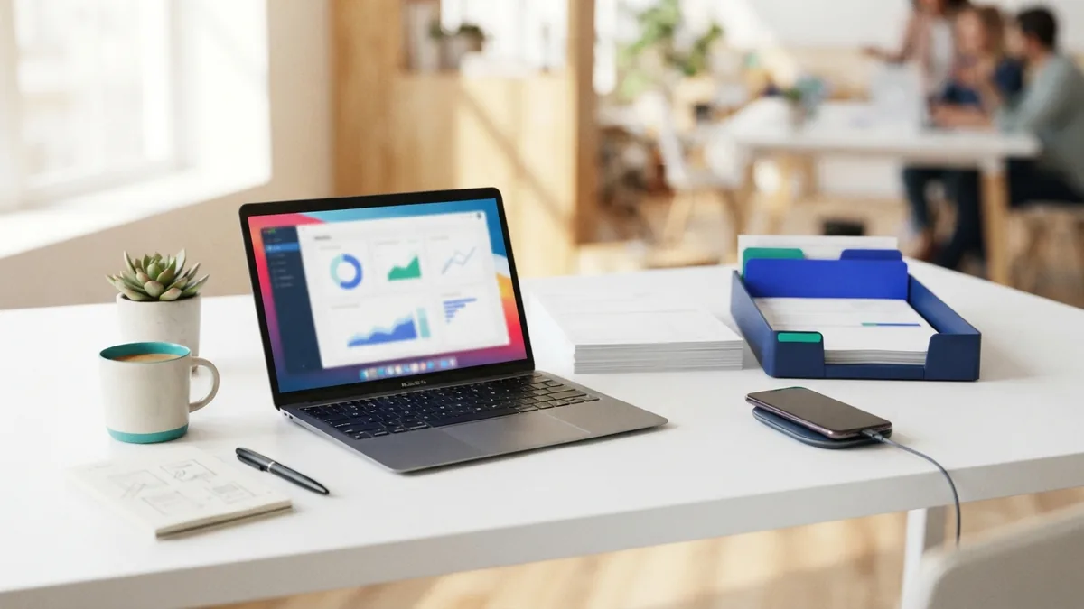 Desk with work tools representing customer data gathered from forms, calls, and orders