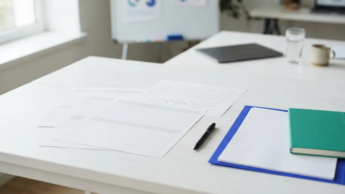 Business plan outline with blank charts and organized planning sheets