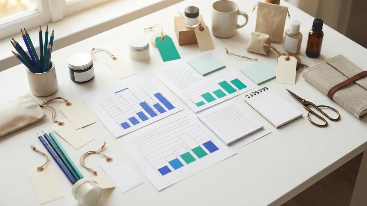 Market research charts and product samples set out for business planning
